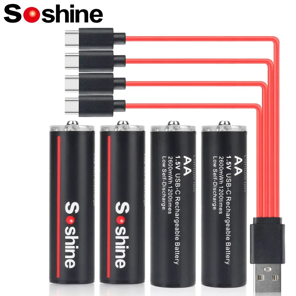 Soshine AA 2600mWh 1.5V Li-Ion Rechargeable Battery 2600mWh Lithium Batteries 1200 Times Cycle Type C Battery 4-in-1 USB Cable