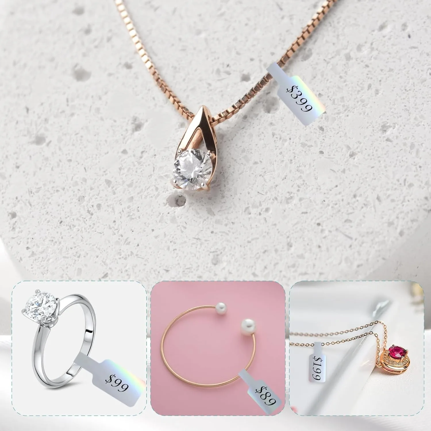 500 Stücke/Rolle Schmuck Hangtag Kraftpapier Preise Etikett Selbstklebende Aufkleber Für Halskette Ring Display Verpackung Großhandel – Detail 6