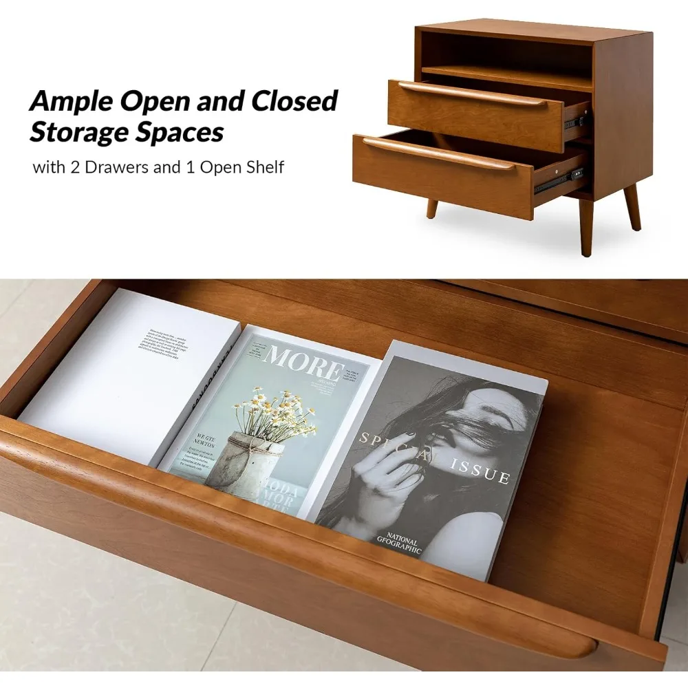 Nightstand with Charging Station, Set of 2 Mid-Century 2 Drawer and Open Shelf Dresser for Bedroom, Fluted Bedside Table 3