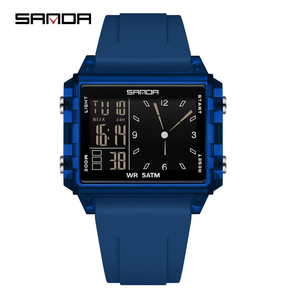 SANDA Luxury Digital Square Dial Sport Waterproof Watch with LED Display