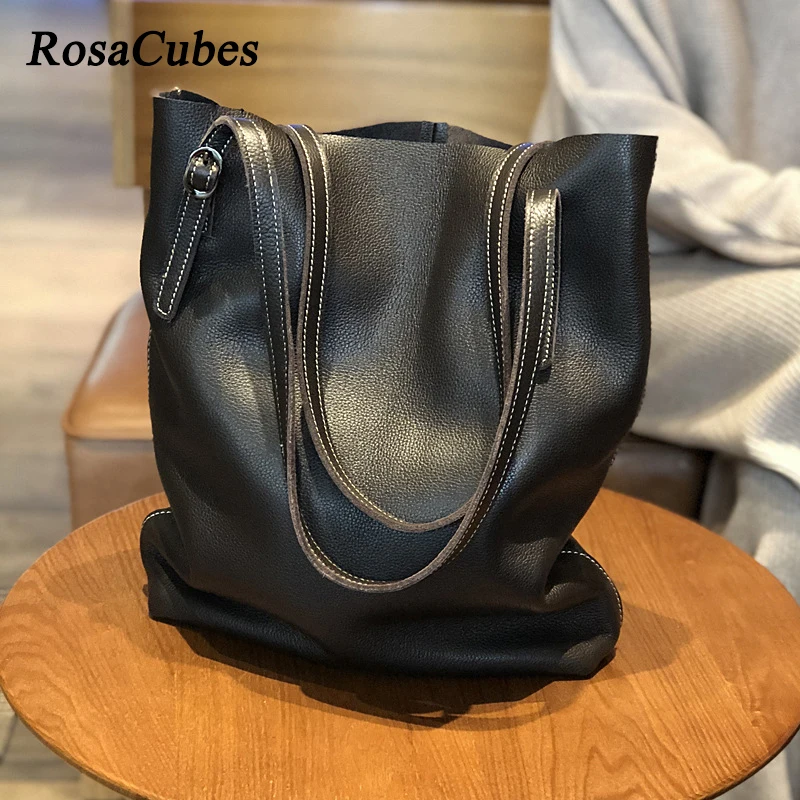 

Luxury New Simple Tote Bag Vintage Genuine Leather Large Capacity Women Shoulder Bags Solid Color Real Cowhide Shopping Bags