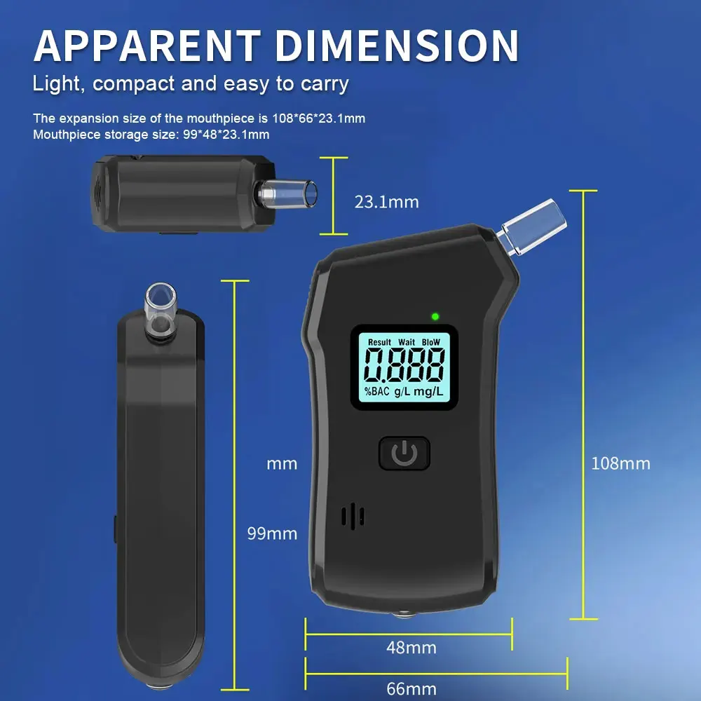 Digital Alcohol Breath Tester with 5 Mouthpieces Blowing Nozzle Breathalyzer Police Alcotest Drunk Driving Alcohol Detector