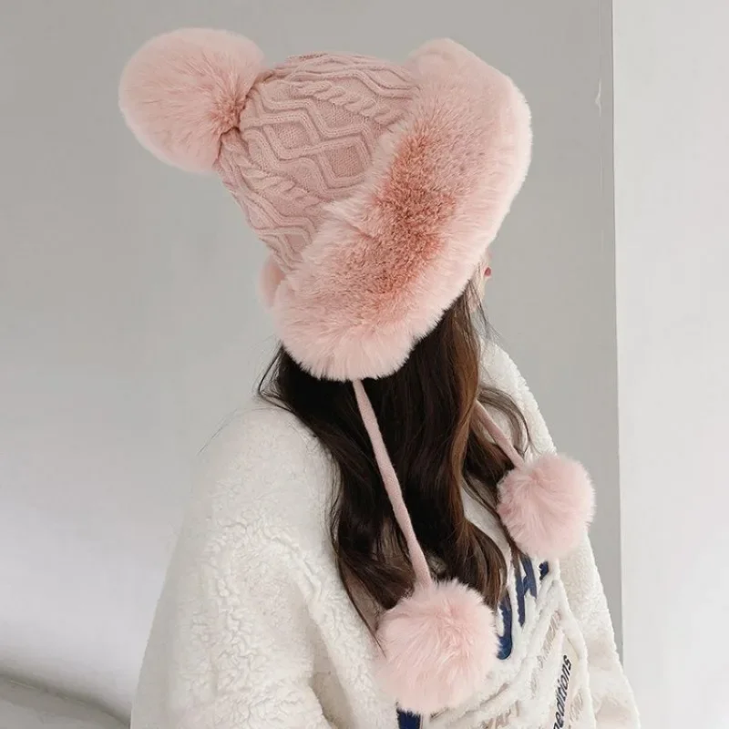 

Imitation Rabbit Fur Thermal Winter Hat Women Cute Thickening White Fluffy Ball Cap Earflaps Slipover Plush Hat Шапка Женская