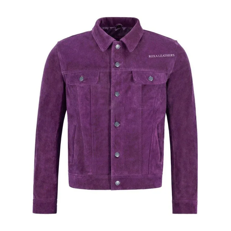 Men's New Pure Authentic Suede Leather Shirt Purple Button Front Trucker Jacket