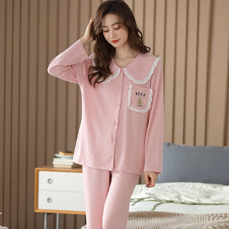 

Princess Doll Collar Womens Modal Pajamas Pyjamas Set Sleepwear Ladies Long Sleeve Nightwear Tops and Long Pants Pijamas Mujer