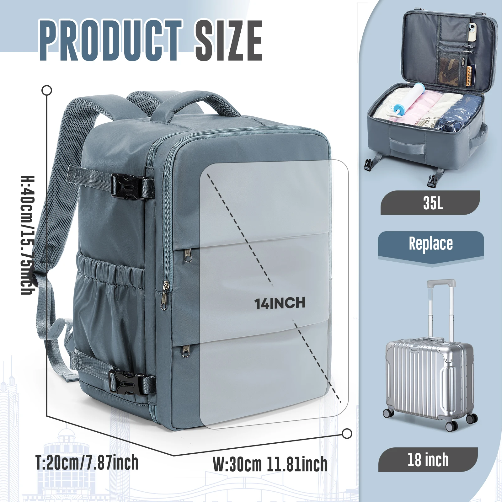 Ryanair Carry on Bag 40x30x20 Travel Backpack, Vacuum Storage Bag,Hand Luggage Travel Bag Business Laptop Bag Women Men Backpack