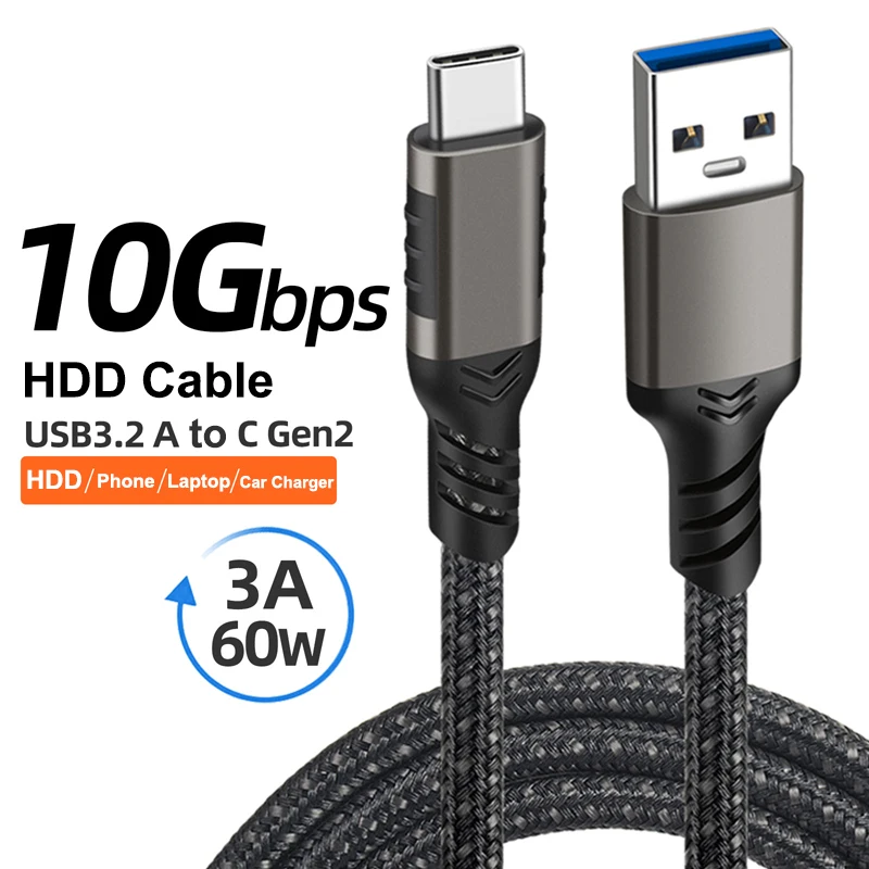 

USB3.2 Gen2 10Gbps Cable USB A to C Cable 3A 60W QC3.0 Fast Charging for Samsung NVMe Hard Disk External Android Data Braid Cord