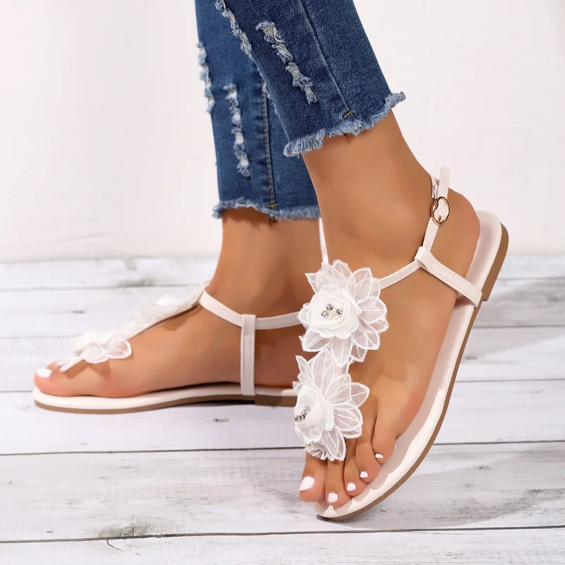 

Summer Shoes for Women 2023 New Fashion Flowers T-Strap Flat Women's Sandals Roman Casual Ladies Thong Sandals Female Sandalias