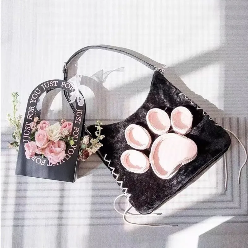 JIAERDI Sweet Cute Cat Claw Backpack Women Plush Soft Large Capacity Handbag Messenger Bag Female Transparent Mochila Aesthetic