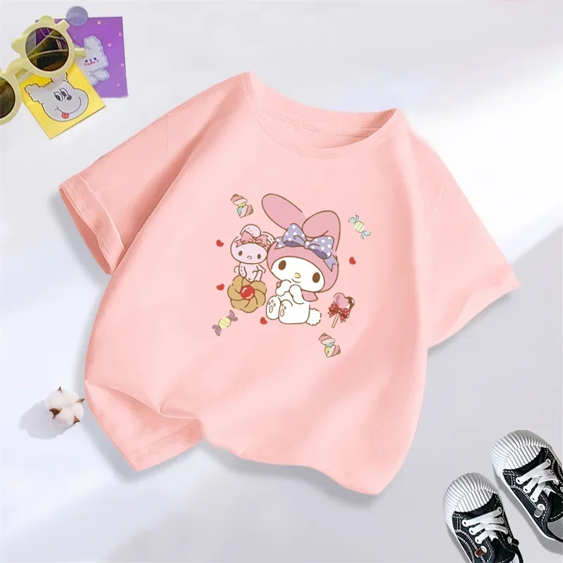 

New2024 Miniso Cinnamoroll Детский костюм Kawaii Kuromi My Melody хлопковая Футболка с принтом летняя свободная Детская футболка с коротким рукавом