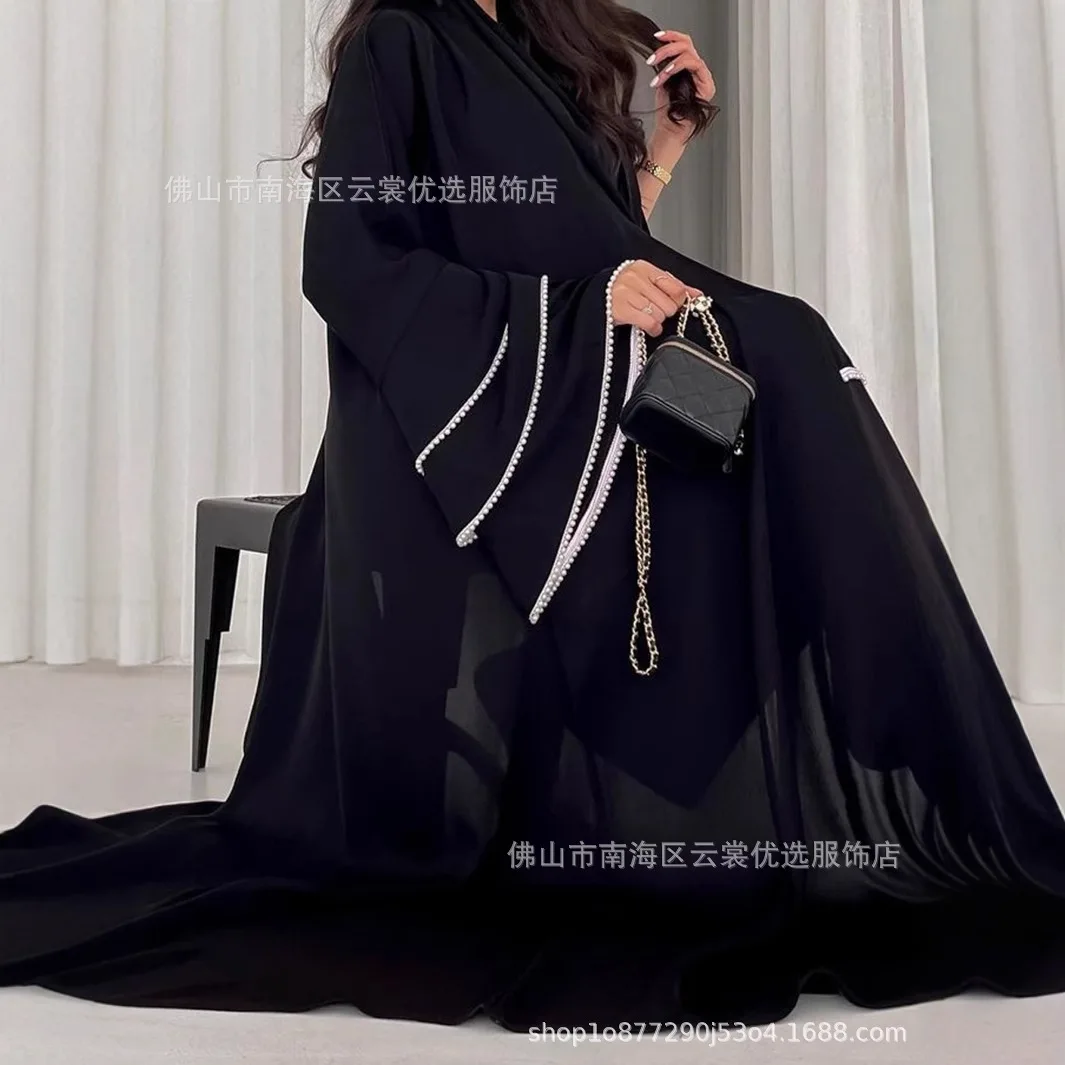 Black Long Sleeve Abaya Cardigan Dubai Style Spliced White Dot Fashion Outerwear Muslim Women's Clothing Full-Length Robe - Image 2