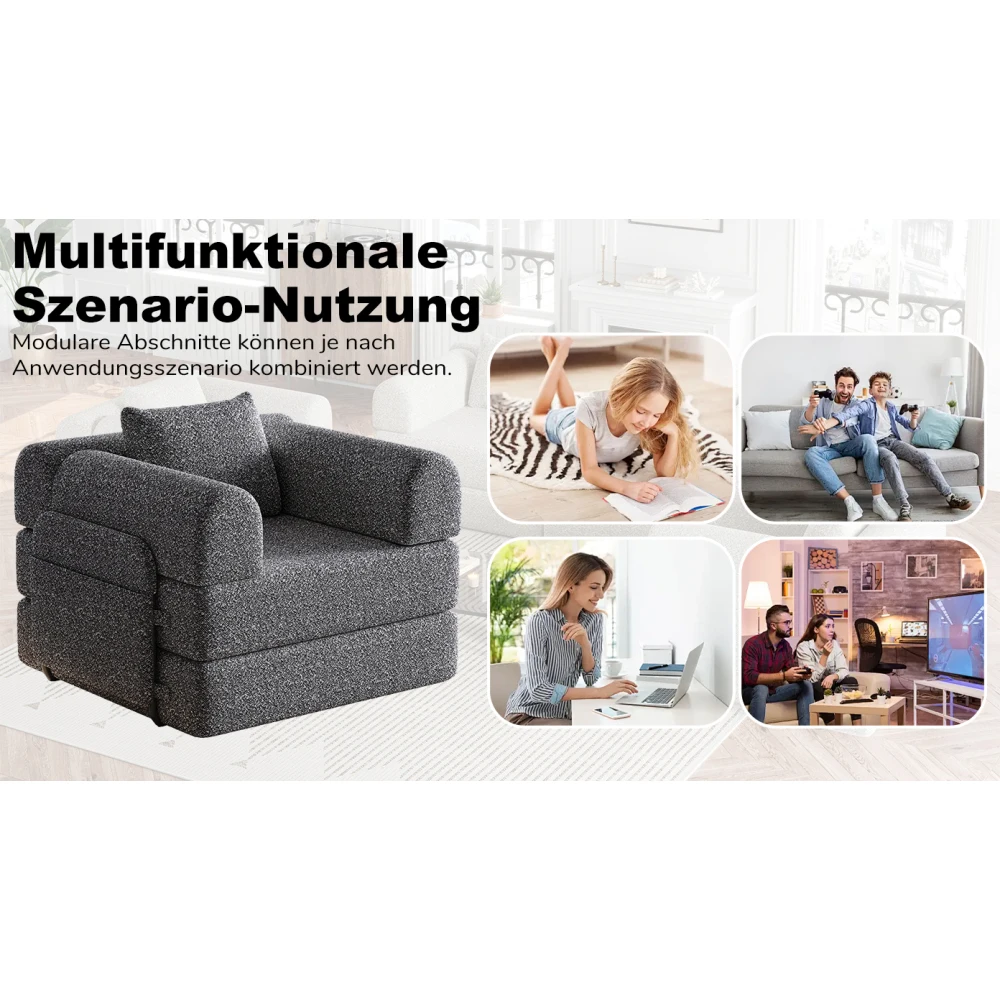2-in-1 Chenille-Schlafsofa | mit Aufbewahrungsfach für Armlehnen, drei Metallrahmen und mehreren Konfigurationsoptionen, Wohnmöbel – Detail 8