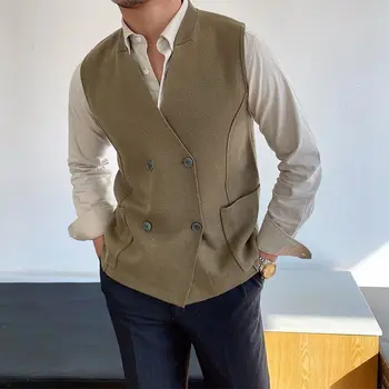 British men's wool knitted casual versatile double-row vest cardigan retro clove