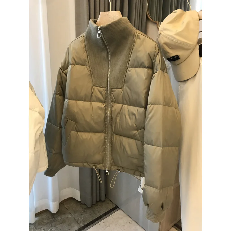 Winter Coat Women Jacket  90% White Duck Down Knitted Stand-up Collar Short Jackets Light Zero Pressure Khaki Light Thin Clothes