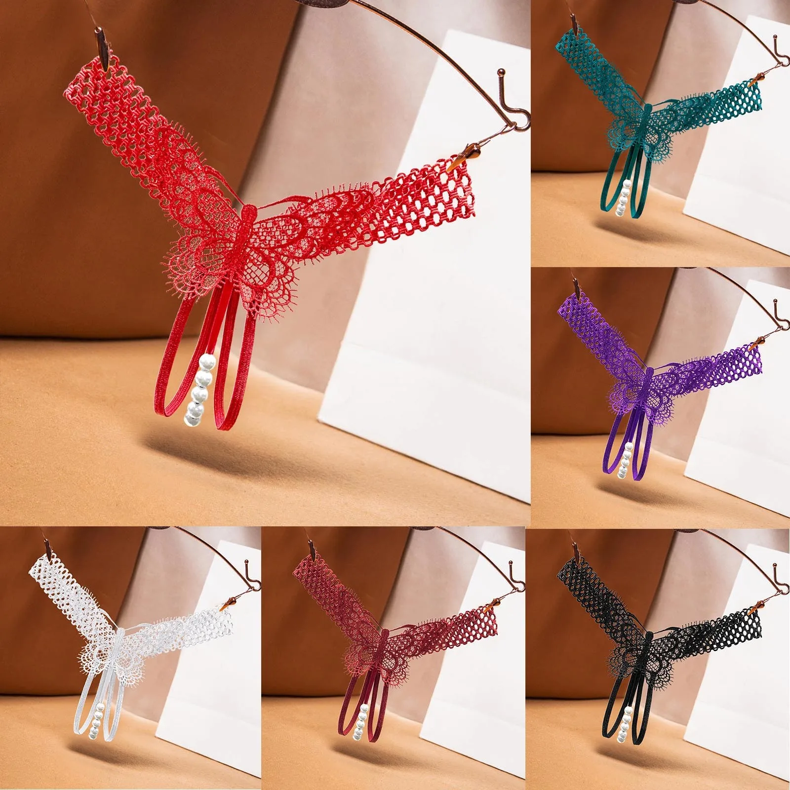 

Women's Low Waist Butterfly Tassels Embroidery Sexy Briefs Solid Color Mesh Transparent Hollow Out Thin Strap G-string Thong
