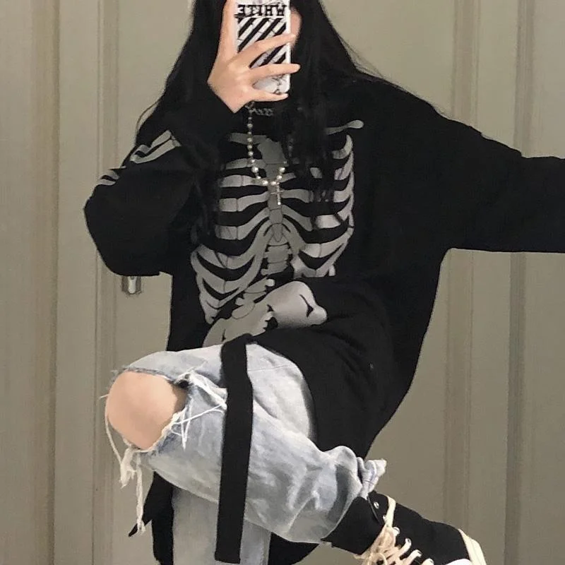 Deeptown Gothic Streetwear Skeleton Grey Oversize Hoodies Women Punk Harajuku Hip Hop Black Sweatshirt Female Pullover White Top | Женская