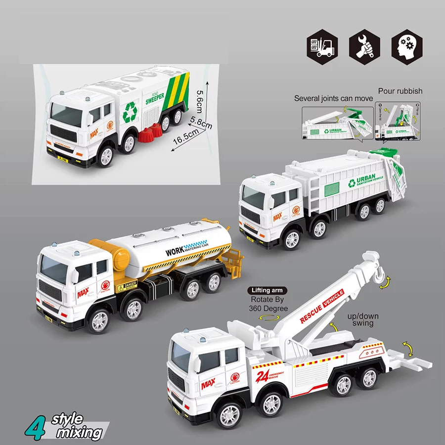 1pc Children's  Toys Inertia Car Sanitation Garbage Truck Cleaning Sprinkler Rescue Car Simulation Car Toy Model Boys' Gifts Puz