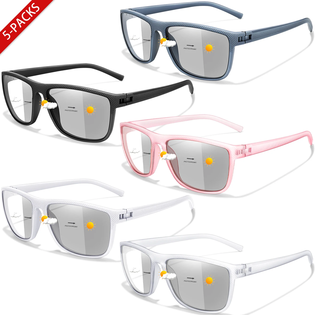 5 PCS Photochromic Cycling Sports Sunglasses Classic Square Shades For Men Women