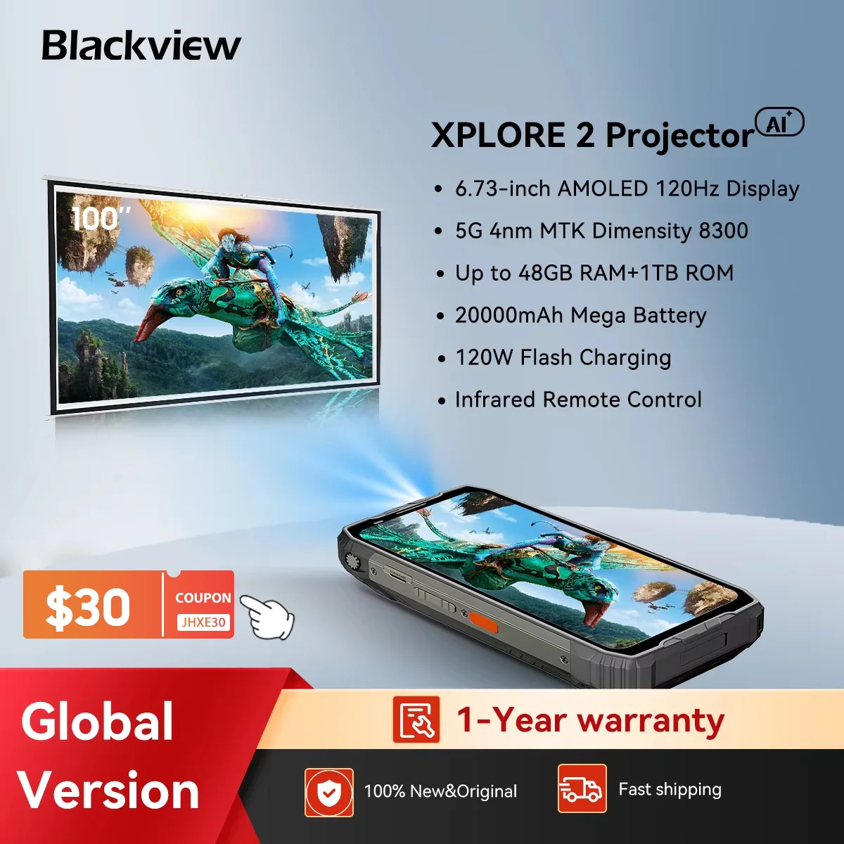 Blackview XPLORE 2 Projector 5G AI Rugged Smartphone, 6.73