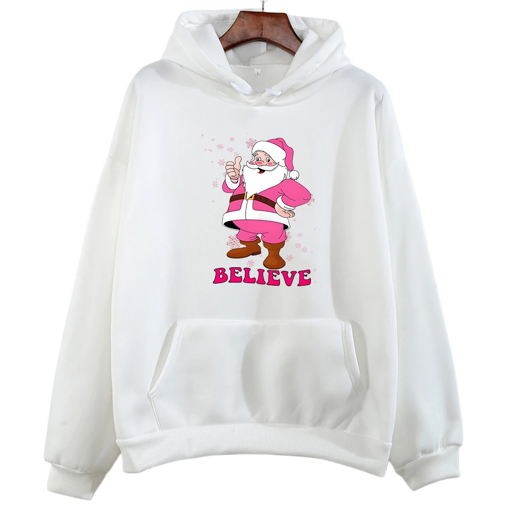

Retro Vintage Pink Santa Claus Cartoon Hoodie Kawaii Sweatshirt for Women Fleece Merry Christmas Graphic Hoodies Regular Fit