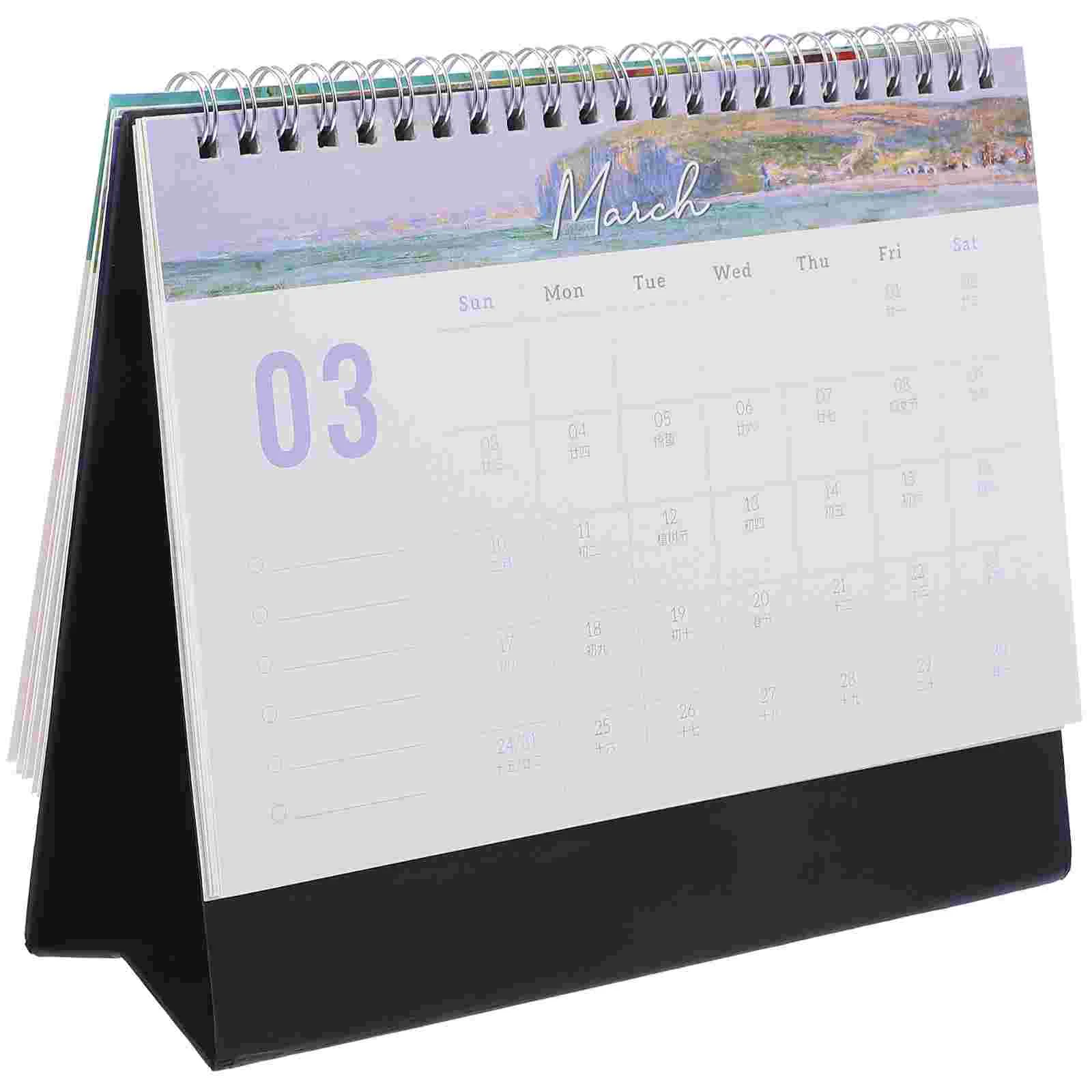 Standing Flip Desk Calendar 2024 Monet Oil Painting Schedule Planner Spiral Bound Freestanding Calendar