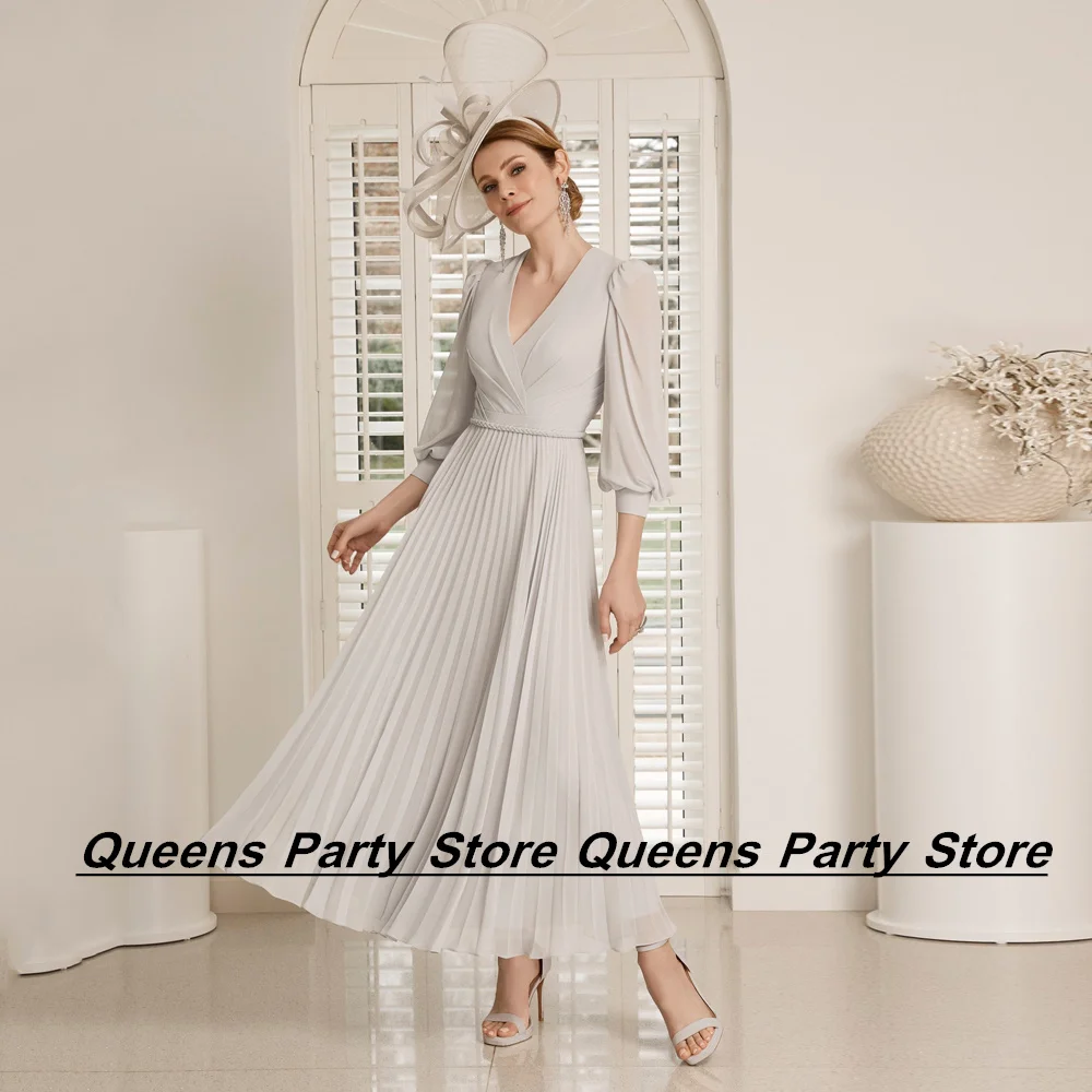 

Weilinsha 3/4 Sleeves V Neck Wedding Guest Dresses Pleat Cheap Ankle Length A Line Mother of The Bride Gown Party