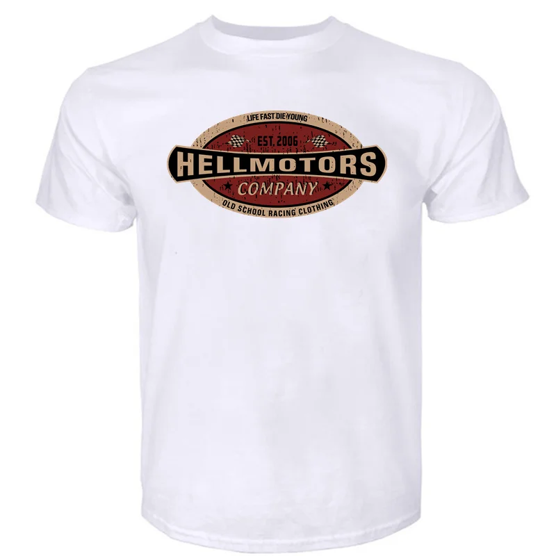 Мужская винтажная Футболка с принтом, хлопковая Футболка с принтом Hellmotors для байкеров, US Car V8 и Rockabilly
