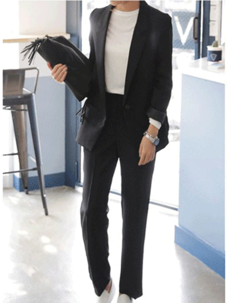 

New Woman Vintage Black Slim Fit Blazer 2 Pieces Autumn Elegant Female Solid Matching Sets Casual Office Business Trousers Suit