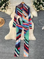 SINGREINY Mesh Sexy Long Playsuit Stand Collar Long Sleeves Transparent Zipper Design Streetwear Striped Print Bodycon Jumpsuits - Image 2