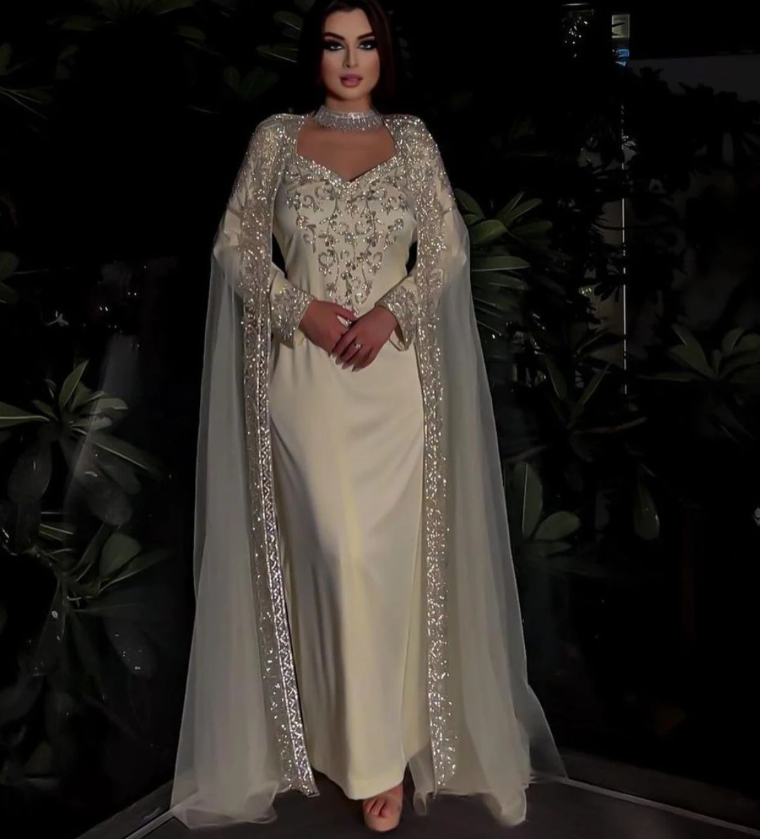 

Women's Saudi Arabia Prom Dresses Sparkly Party Dresses Long Sleeves Beads Ankle-Length Cape Dubai Women Luxury Evening Dress