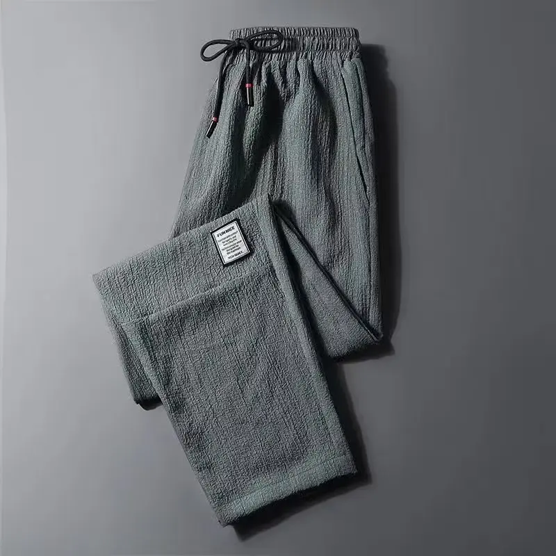 Ant Wrinkle 2024 Men Summer New Flax Thin Style Straight Cylinder Labeling Korean Loose Large Size Motion Casual Cropped Pants