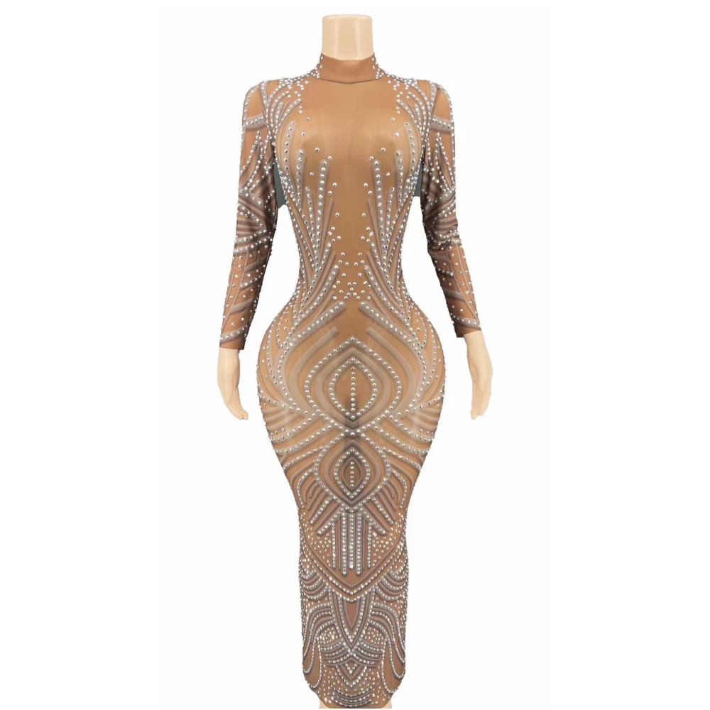 

Brown Shining Rhinestones Gauze High Neck Long Sexy Dress For Women Evening Party Clothing Stage Singer Costumes Prom Wear