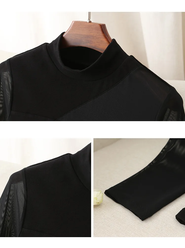 European and American style women's spring new sexy mesh stitching half turtleneck bottoming shirt perspective