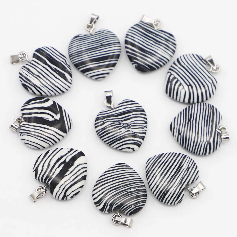 Natural Zebra Stone Agates Heart Necklace Pendants Lucky Minerals Healing Charms DIY Fashion Jewelry Accessories Wholesale 30Pcs