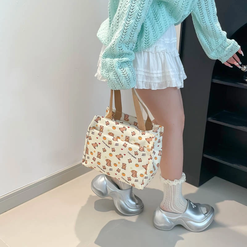Women Canvas Cute Printed Handbag Large Capacity Adorable Capybara Tote Wear Resist Nylon Student Shoulder Bag Trip Beach Bag