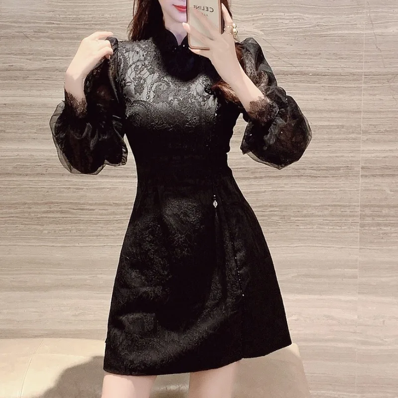 

Chinese Style Black Jacquard Floral Women Dress Bodycon Vintage Evening Party Clothing Runway Design Business Elegant Vestido