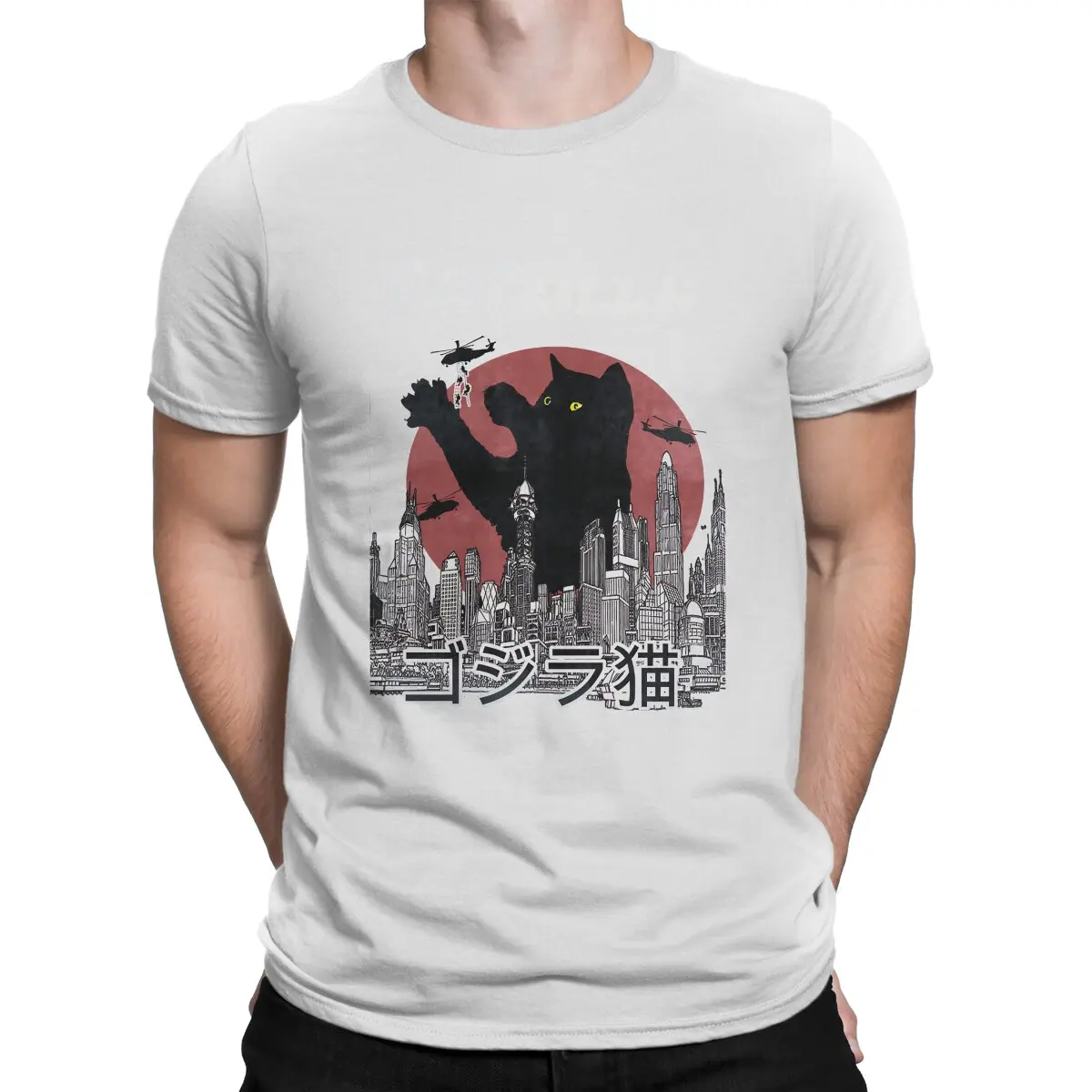 thumbnail image 1 of Camiseta Catzilla para hombre, estilo informal, de algodón, con cuello redondo y manga corta, con estampado de gato, 1 of 7