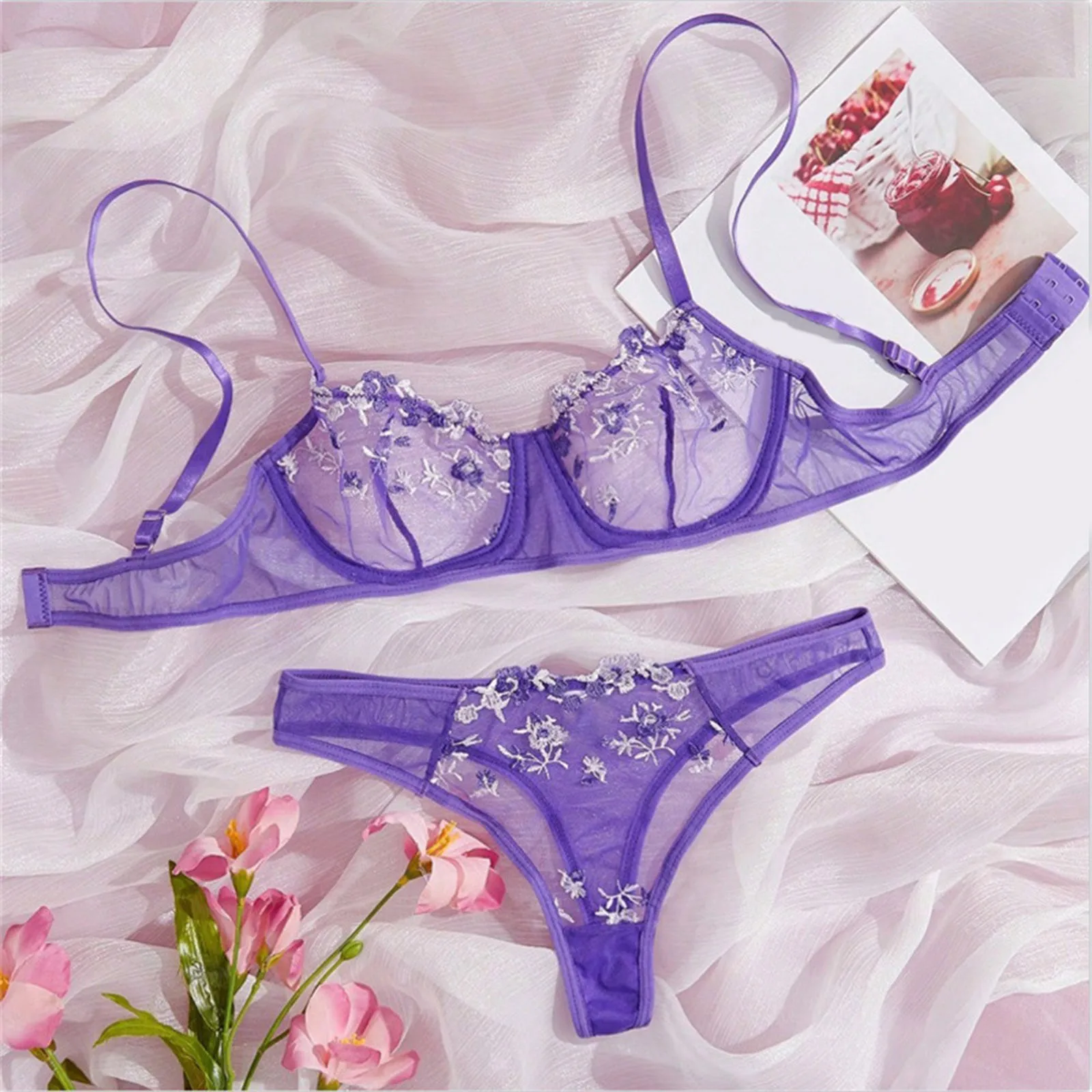 

Transperant Lingerie Set Women Mesh Net Sexi Lenceria Sensual Mujer Bra Thong Set Embroidery Floral Underwired Erotic Costumes