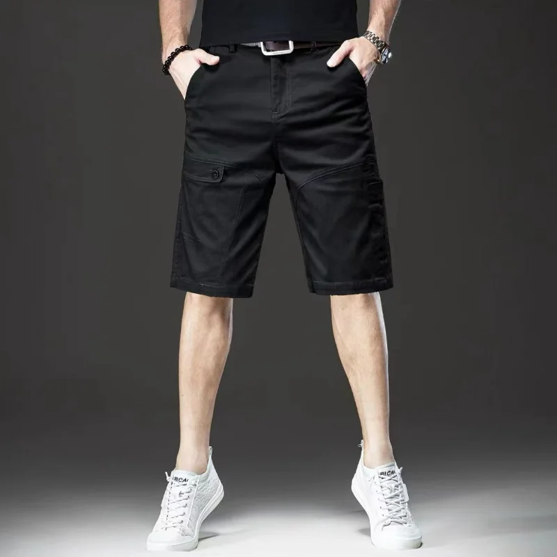 Summer New Fashion Trend Cotton Japan Style Wide Leg Shorts Men's Solid Patchwork Button Zipper Pocket Casual Loose Cargo Shorts
