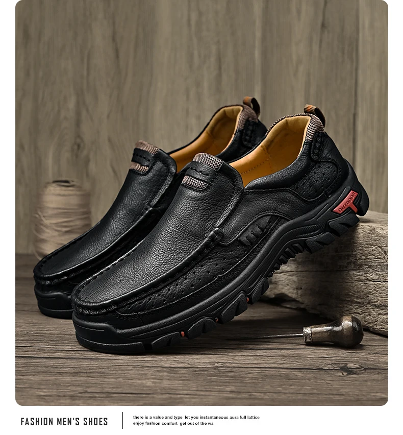 Men's Leather Outdoor Loafers Handmade Dad Shoes Breathable