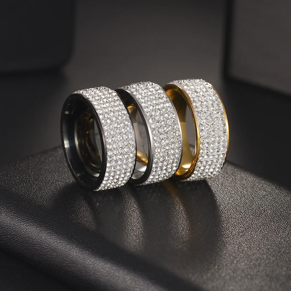 Womens Ring 8mm Vintage Retro Style Steel Ring For Women 5 Row Clear Crystal Jewelry Fashion Stainless Steel Engagement Wedding