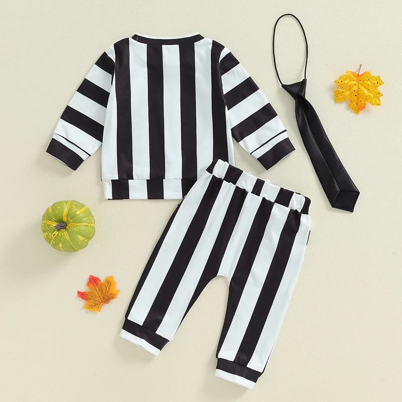 0-4Y Toddler Baby Halloween Costume 3Pcs Kid Cosplay Clothes Sets Black and White Stripe Long Sleeve Shirts Elastic Pant Necktie
