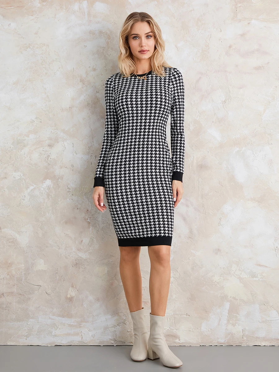 

Women’s Long Sleeve Dress Slim Houndstooth Round Neck Hollow Out Back Midi Dress for Spring Fall
