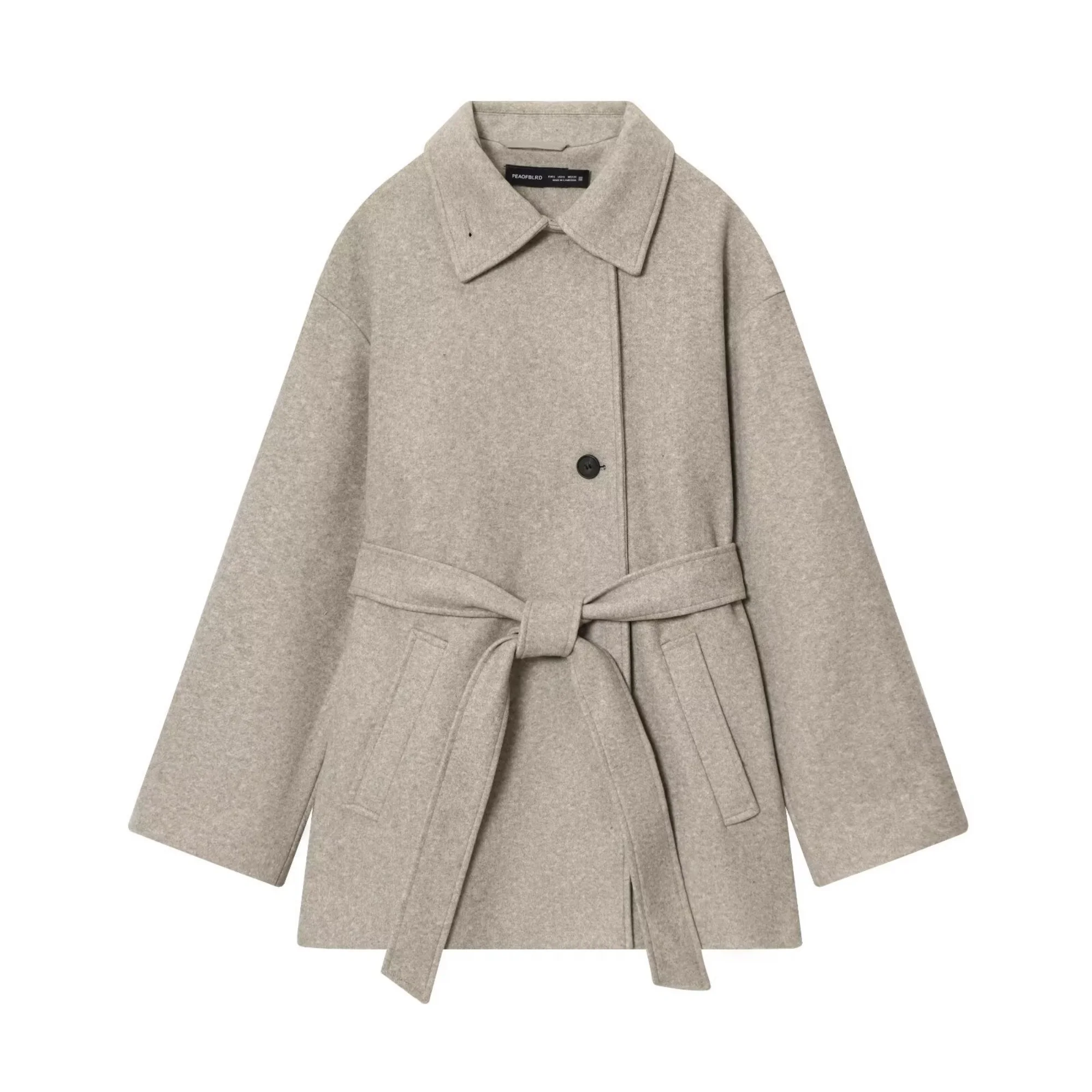 Women Casual Solid Woolen Coat Female Fashion Full Sleeve Turn-Down Collar Lace Up Loose Outwear Lady Autumn Winter Street Jacke