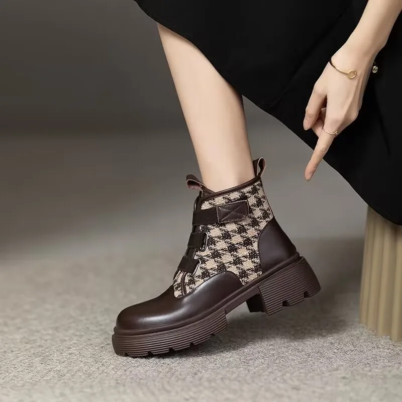 

2023Women's Winter Vintage Chelsea Boots Thick Sole Mid Heel Boots Women's Plaid Color Contrast Fashion Nude Boots Women's Shoes