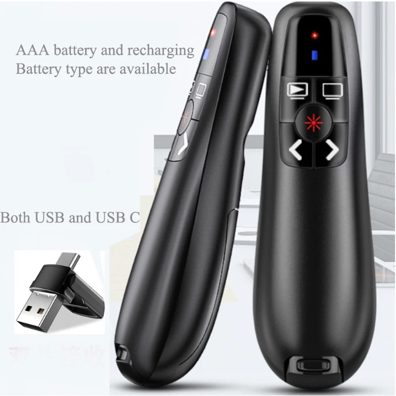 2.4G R400 Wireless Presenter Pen Pointers USB and USB C receiver AAA and Recharging for training teaching meeting
