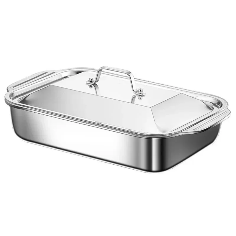 304 Stainless Steel Grilled Fish and Crayfish Tray with Lid Rectangular Induction Cooker Deep Dish BBQ Beef Food Plate