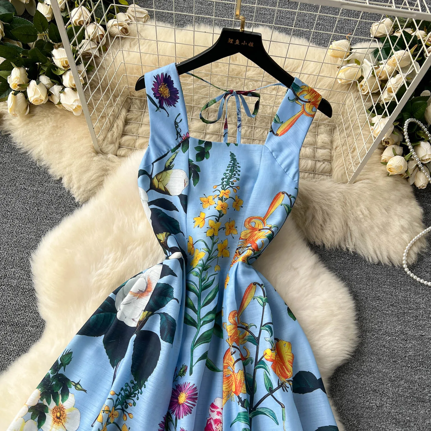 Vintage Elegant Pleated Square Collar sleeveless Print Dress A-line Fashion Spring summer Vestidos Women Bandage Dresses