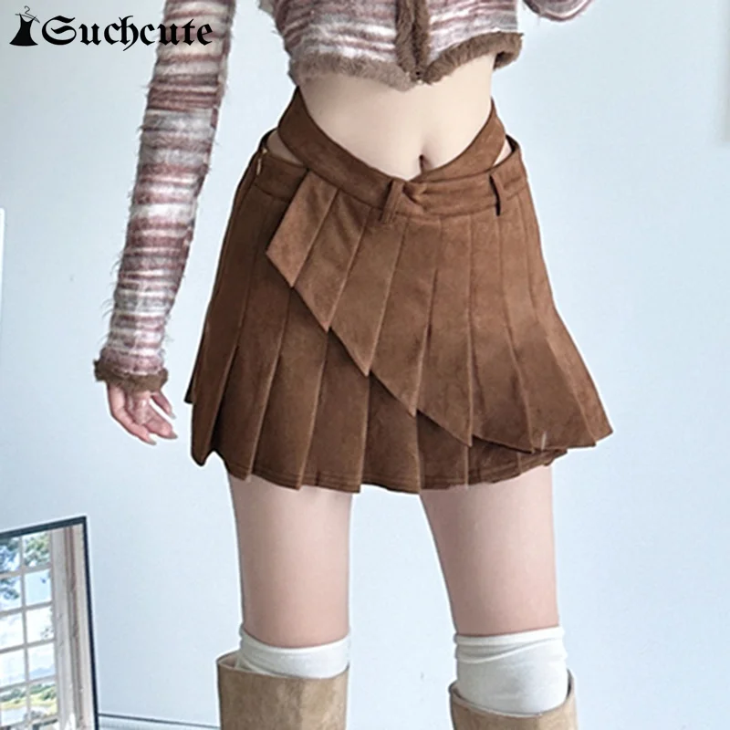 

SUCHCUTE Irregular Patchwork Pleated Aline Mini Skirt Women Harajuku Fashion Knit Basic Solid Bottom Vintage Y2K Low Waist Skirt