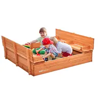 Wooden Sandbox, 52.4 x 47.2 x 16.9 in Sand Box, Sand Pit with Foldable Bench Seats and Bottom Liner, Natural Wood Kids Sandbox 1
